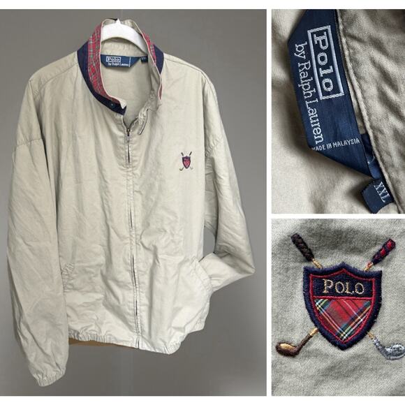 Vintage Polo Ralph Lauren Golf Crest Jacket XXL Beige Tartan Collar 90s Preppy - Picture 1 of 13